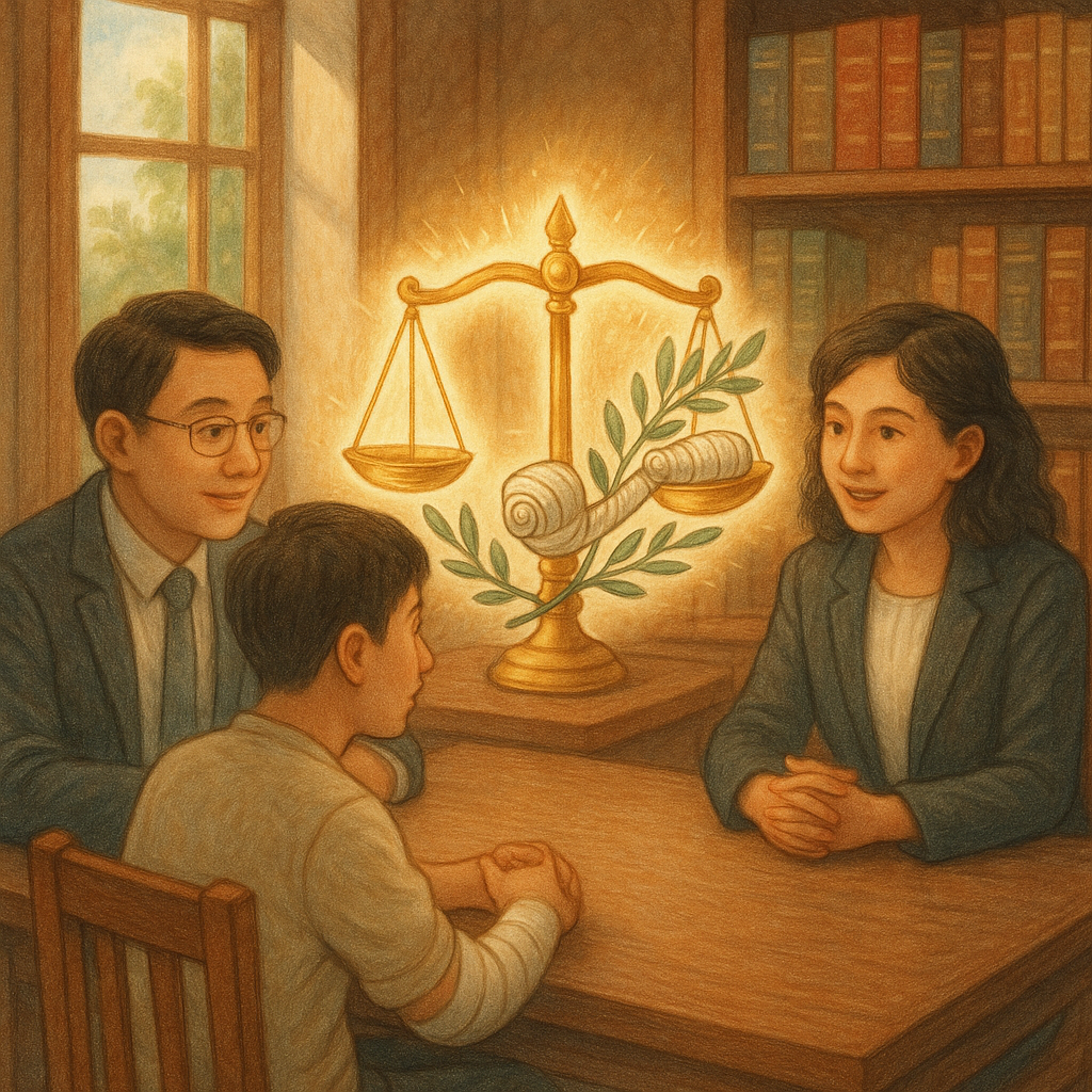 高解析手繪插畫，柔和自然光、童趣魔幻的電影感鏡頭下，兩位台灣人律師與台灣人當事人在木質事務所溫暖對談；發光的天平、繃帶與橄欖枝環繞，象徵傷害罪的評估、修復與結論；畫面無文字。