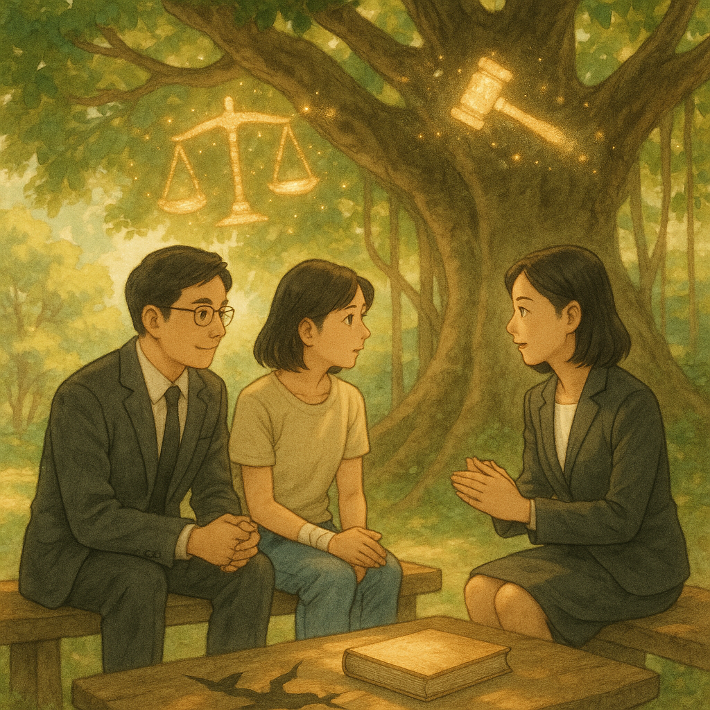 吉卜力風自然柔光與手繪質感裡,兩位台灣人律師與當事人於榕樹下溫暖會談;天秤與法槌化作光粒盤旋,繃帶與破碎影子象徵傷害罪,卷宗合起映出希望,無文字。