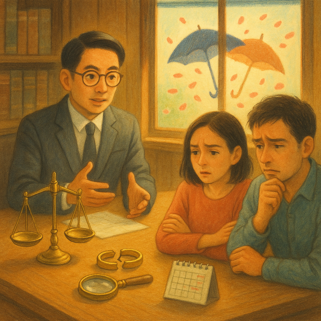 溫暖自然光下，台灣人律師在木質事務所與一對神情複雜的伴侶諮詢；桌上有天秤、分裂戒指、日曆與放大鏡，窗外兩把交錯雨傘的剪影化作飄散花瓣，象徵婚外情案例研究與風險評估，吉卜力式柔彩手繪質感、無文字。