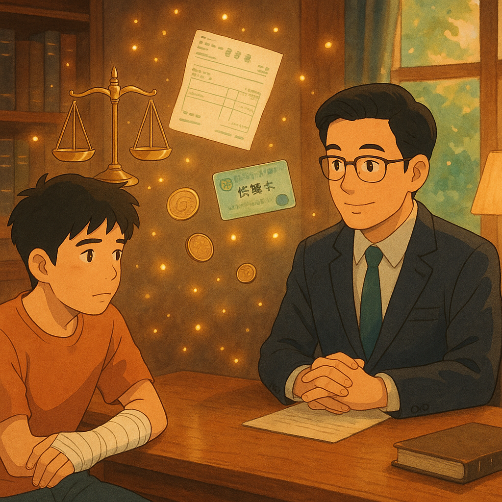 吉卜力風格溫暖場景:台灣受傷青年手纏繃帶,與台灣律師於木質事務所諮詢。柔光下天平、醫療收據、保險卡與硬幣以魔幻光點漂浮,象徵打架致傷求償與常見問題解惑,細膩手繪質感、無文字。