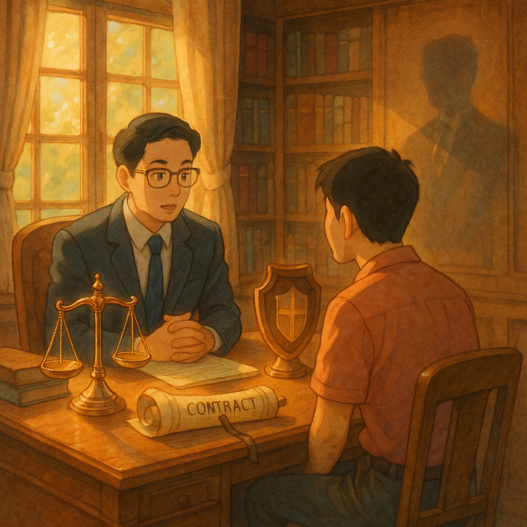 吉卜力風暖色手繪,柔和自然光灑入木質書房;台灣律師與客戶專注諮詢。桌上天秤、盾牌與契約卷軸微光流動,半透明第三者身影映在牆面,象徵外部利害與風險控管,氛圍奇幻而溫暖。