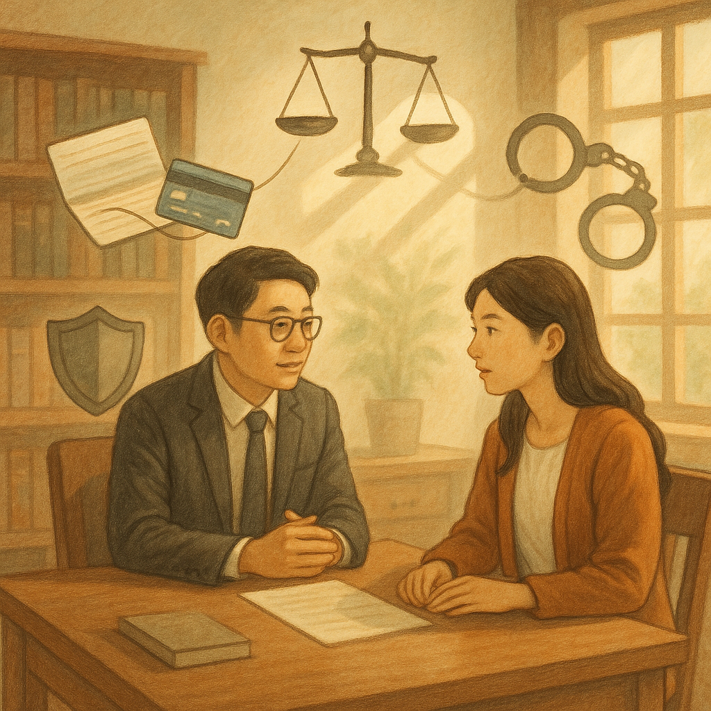 溫暖木質律師事務所裡，兩位台灣人專業諮詢；自然光灑落，柔和色彩與手繪肌理，具吉卜力般電影感。漂浮意象呈現人頭帳戶：被線牽引的存摺與卡片、光影手銬與天平、守護盾與放大鏡，奇幻細膩，無文字。