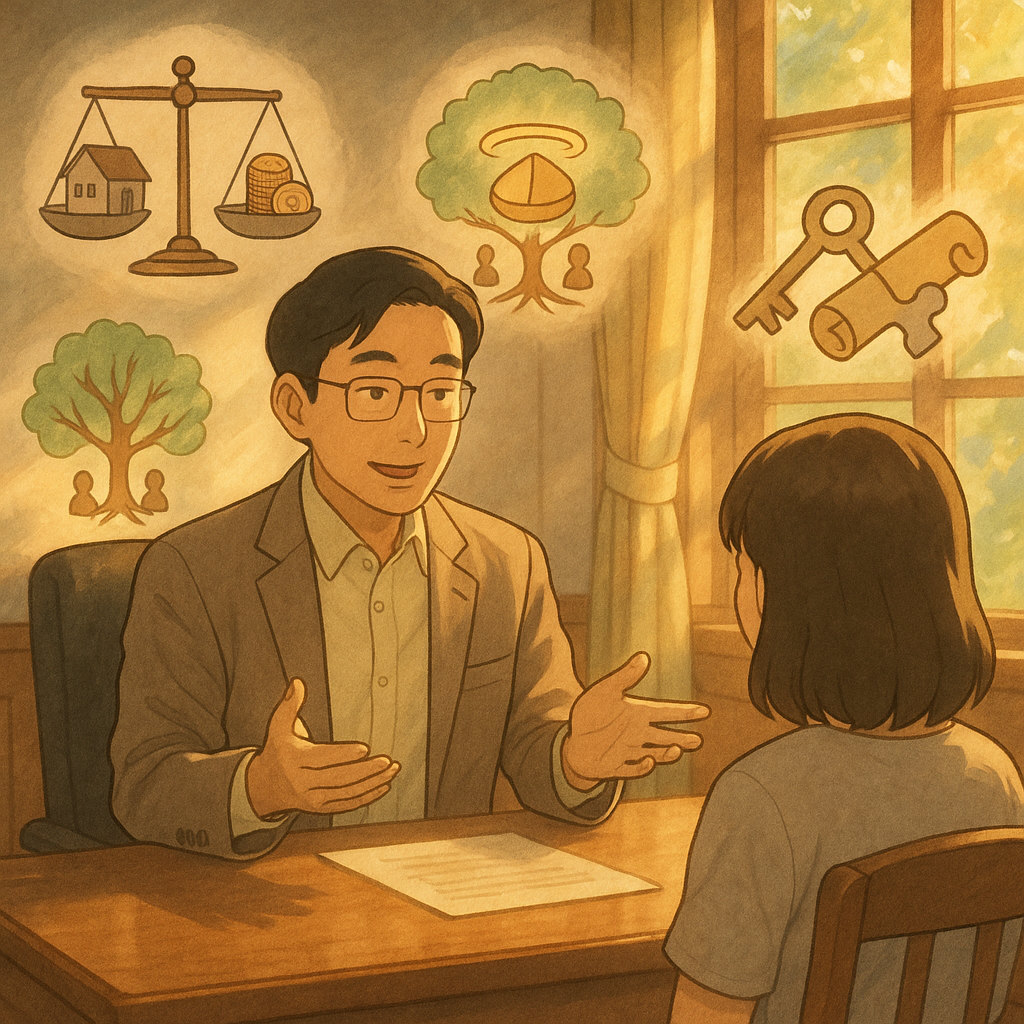 陽光灑入木質事務所，台灣律師溫柔向家屬解說；周圍漂浮手繪圖像：天秤平衡房屋與錢幣、家族樹與守護光環中的發光分餅、拼接鑰匙與卷軸；柔和色調、自然光與電影感、吉卜力式溫暖氛圍、無字。