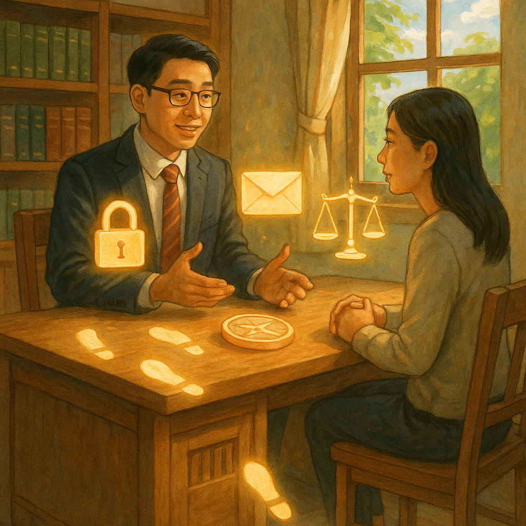 溫暖自然光中，台灣人律師與當事人於木質事務所對談；桌上漂浮發光的鎖頭、信封與天秤象徵妨害秘密與法律；窗外微風與綠植營造吉卜力式手繪質感；地上發光的腳印與羅盤化作行動建議的指引；畫面無文字。