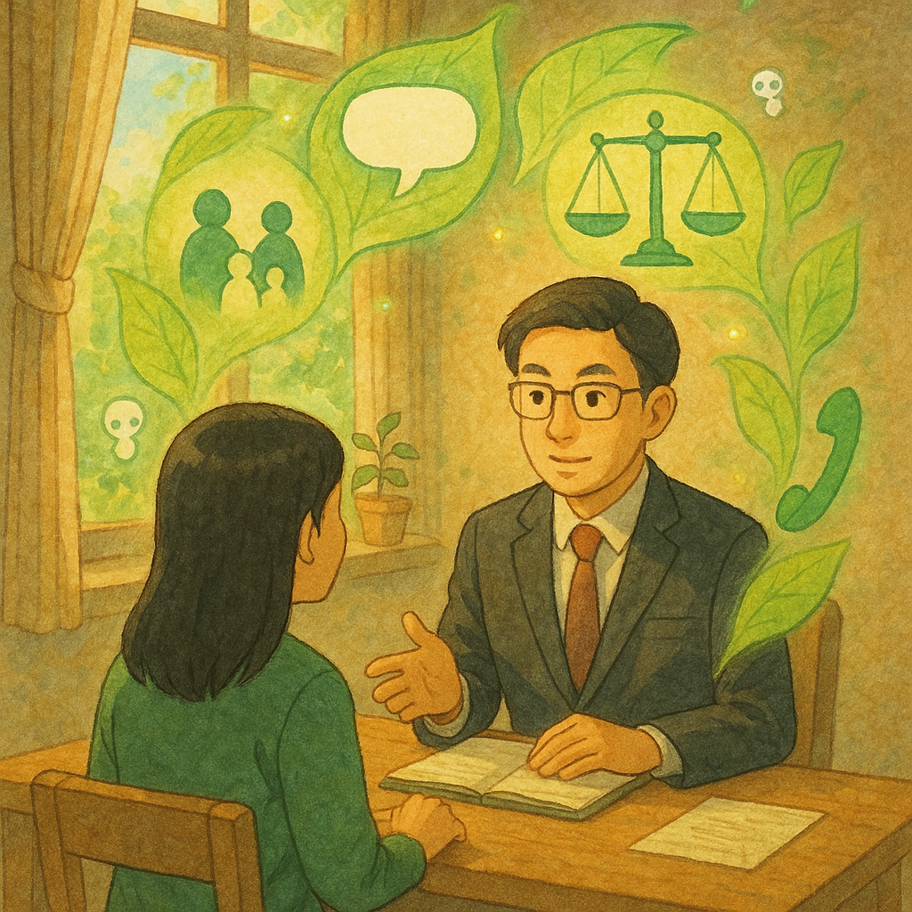 柔暖自然光的諮詢室裡，一位台灣人律師與當事人對坐交流。半透明葉片化作保護盾，環繞家庭剪影、天平、電話、日曆與空白對話框等象徵；吉卜力式手繪質感，窗外綠意與微小精靈輕飄，營造奇幻而安心的法律協助氛圍。