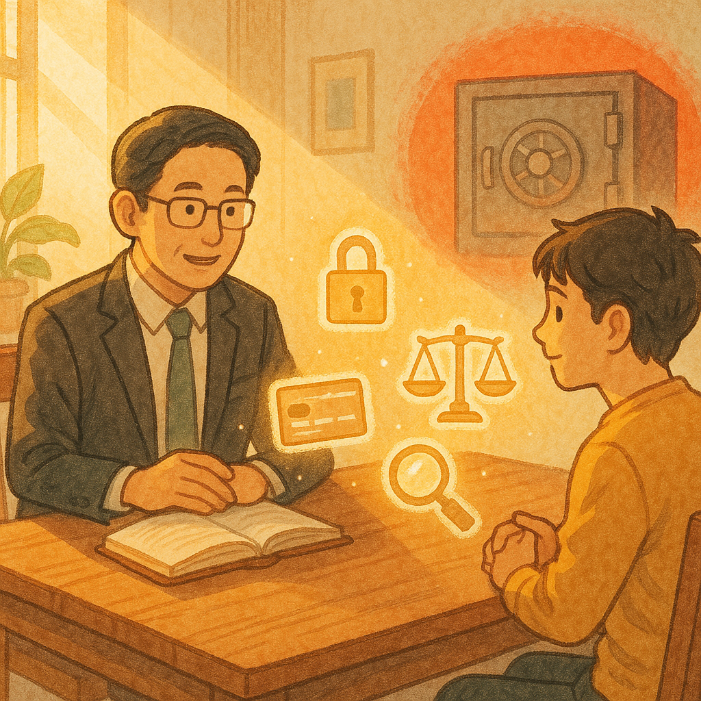 溫暖日系手繪奇幻場景：台灣律師與年輕客戶在木桌前相談，陽光灑落。桌上漂浮鎖頭、銀行卡、天平與放大鏡等光影圖示，遠處金庫被紅色光暈環繞，象徵警示帳戶與常見問題諮詢。