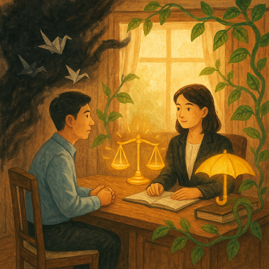 柔和晨光灑入木質辦公室，台灣職員與律師對坐諮詢；陰影化作退散的黑霧與紙鶴，旁有發光天秤、守護傘與綠藤環繞，手繪質感溫暖奇幻，寓意終章建議與職場霸凌解方。