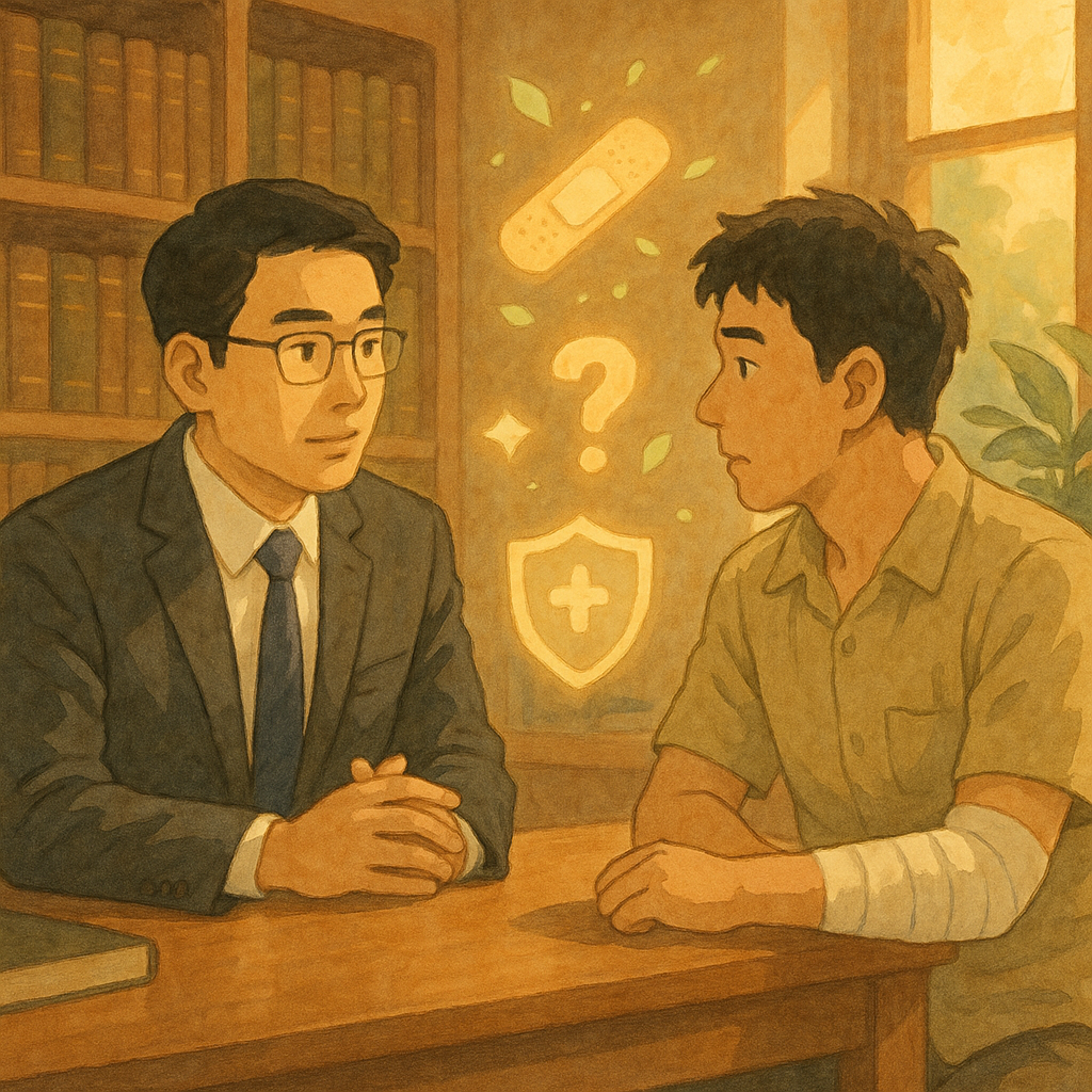 溫暖自然光中,台灣律師與手臂打繃帶的當事人在木質事務所對談;微光與葉精靈化作天平、創可貼、盾牌與疑問輪廓,暗示過失傷害與常見問題意象;柔和色調、吉卜力式手繪質感,畫面無文字。