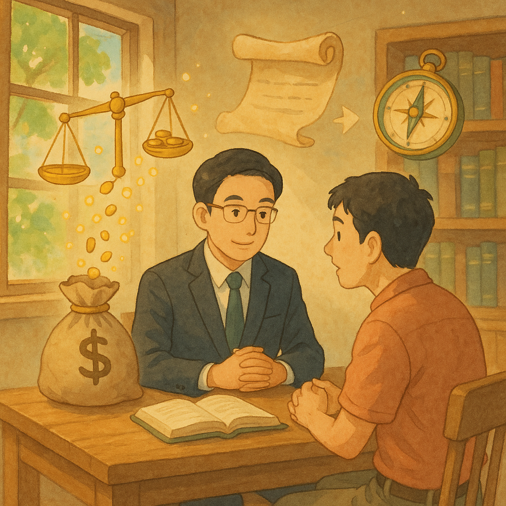 溫暖自然光下，台灣律師與當事人於木質事務所諮詢，天秤與金幣化作光點回流至錢袋，卷軸與指引羅盤漂浮，窗外微風拂樹影，吉卜力式柔色手繪質感，寓意不當得利與行動建議，畫面無文字。