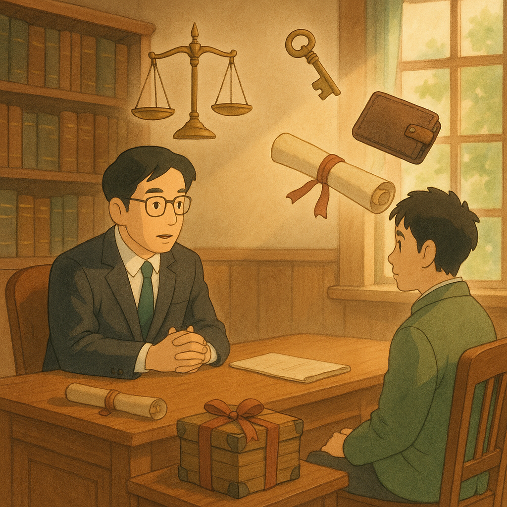 溫暖木質律所裡，台灣律師與當事人對坐諮詢；柔光中漂浮天秤、鑰匙、錢包與契約卷軸，旁有被緞帶纏住的木箱象徵侵占；吉卜力風格手繪質感、柔色自然光，魔幻而真實，畫面無文字。