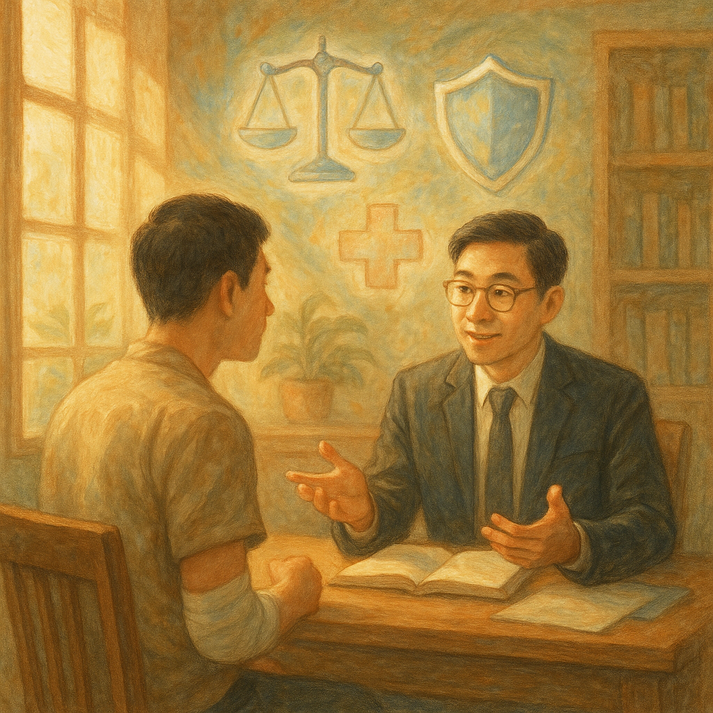 日光灑入木質事務所，台灣律師溫和諮詢一位手臂纏繃帶的民眾；空中浮現手繪天秤、盾牌、醫療十字與保護傘等象徵，柔和色彩與自然光映出溫暖奇幻氛圍，細膩筆觸呈現打架致傷求償與解惑情境，畫面無任何文字。