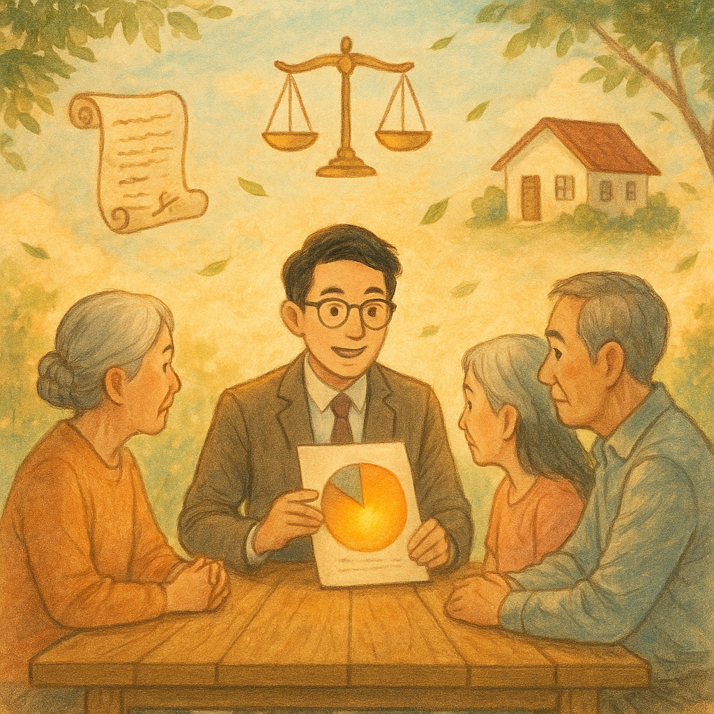 溫暖日光下,柔和色彩中,台灣人律師與家屬圍坐木桌,手繪質感。天光中漂浮天秤、家屋與遺囑卷軸,發光圓餅圖突出特留分,樹影與微風營造吉卜力般魔幻結尾感,無文字。