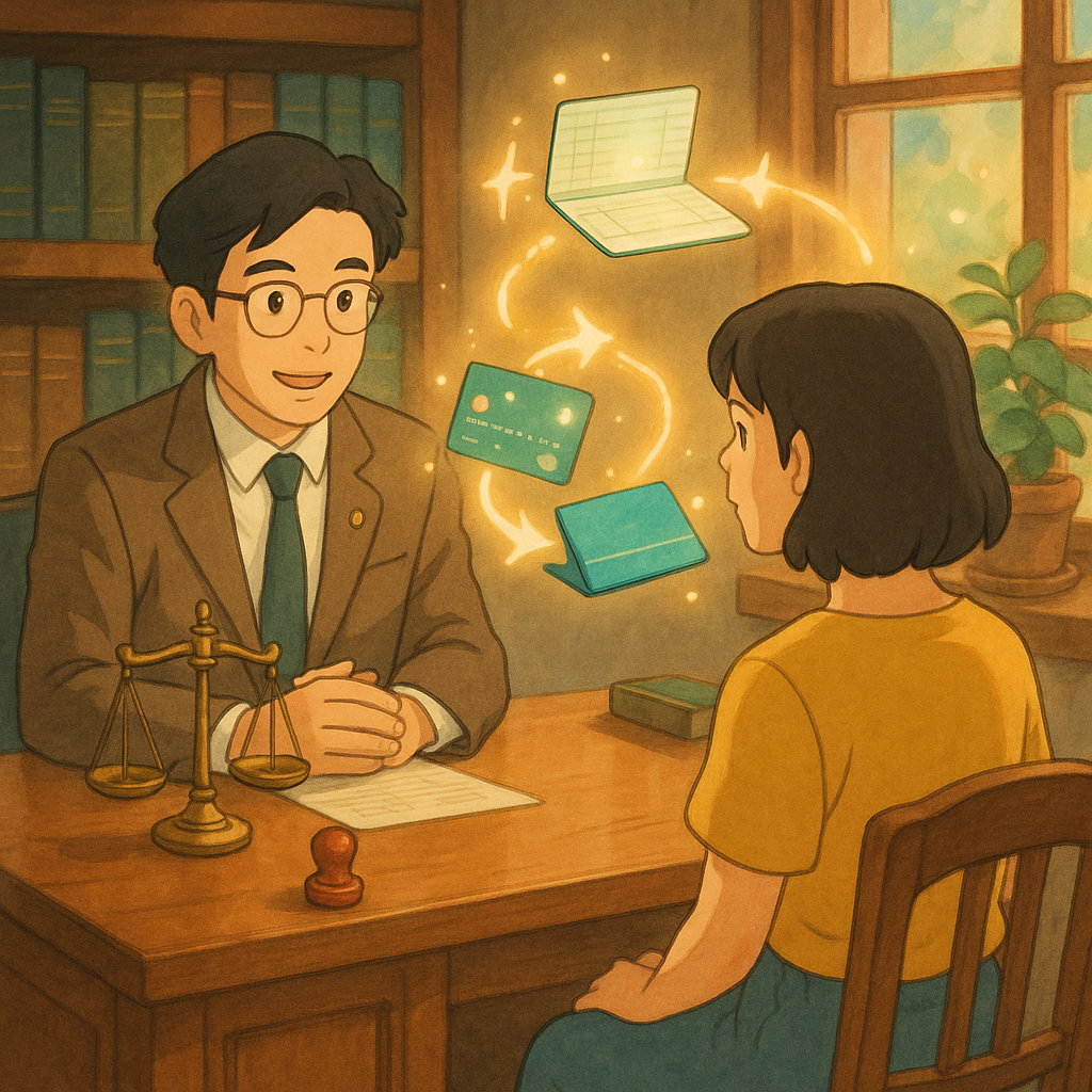 吉卜力風溫暖辦公室裡，台灣律師與民眾相談；桌上漂浮的存摺、銀行卡與流程箭頭化作光精靈，連結兩本借用帳戶，旁有天秤與印章，柔光手繪質感、無文字。