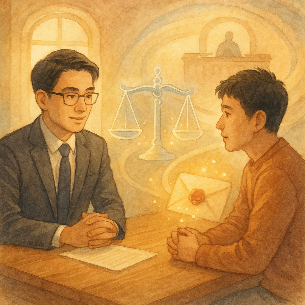 溫暖奇幻細膩手繪風:台灣律師與當事人於木桌洽談,柔色自然光灑入;半透明天秤、封蠟信封溢出光粒象徵洩密罪;遠處法庭輪廓與流動判決趨勢弧線環繞,畫面無文字。