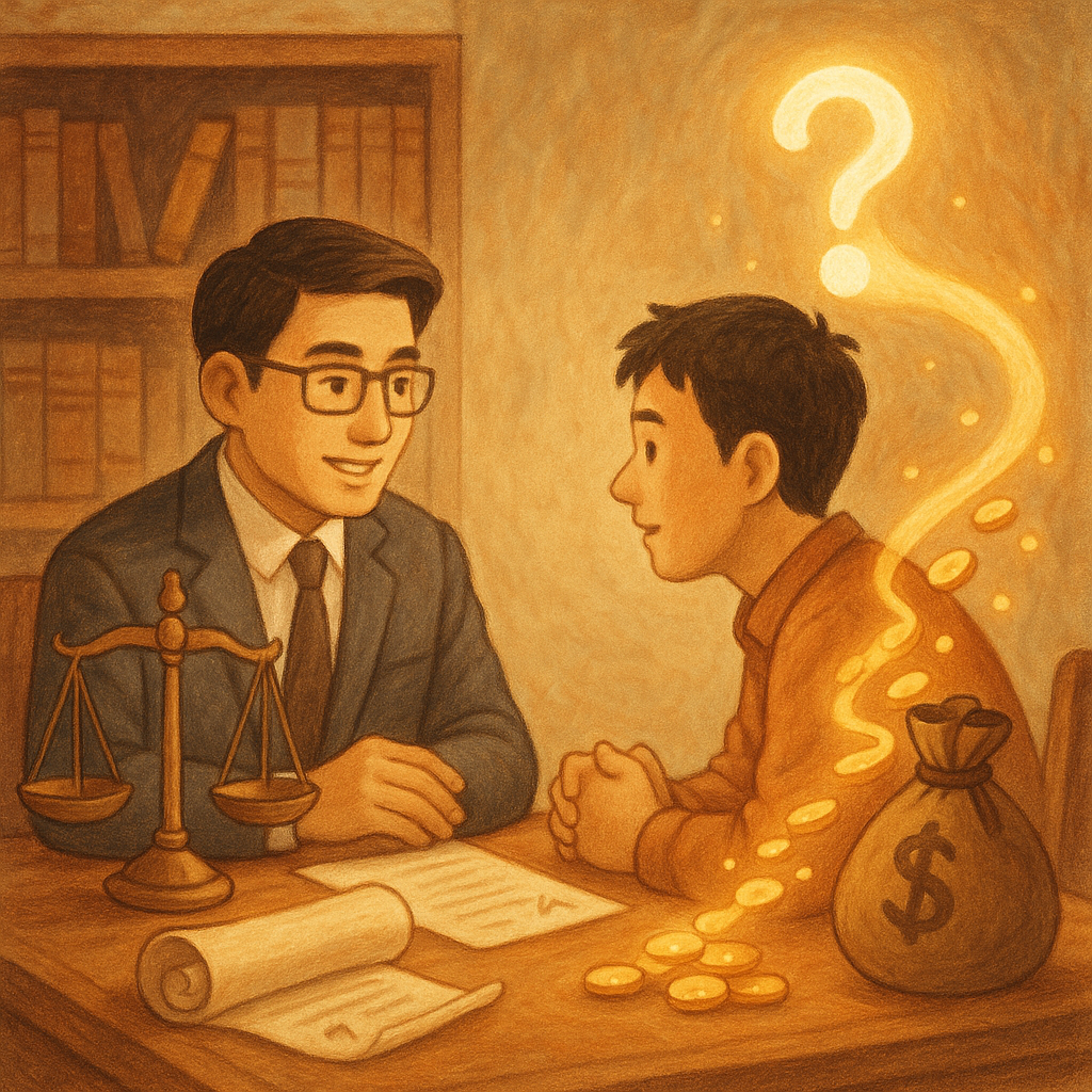 溫暖手繪風律所內,台灣律師與民眾諮詢;柔光下天平與合約卷軸環繞,金幣化作光流回到原主錢袋,發光問號精靈漂浮,現實與奇幻交融、細節豐富,畫面無文字。