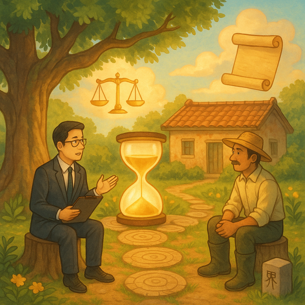 溫暖奇幻的手繪動畫風庭院中,台灣專業律師與農民在榕樹下諮詢;發光沙漏與年輪小徑環抱老屋與界樁;天際浮現天秤與無字卷軸,柔和自然光瀰漫,象徵時效取得的案例脈絡。
