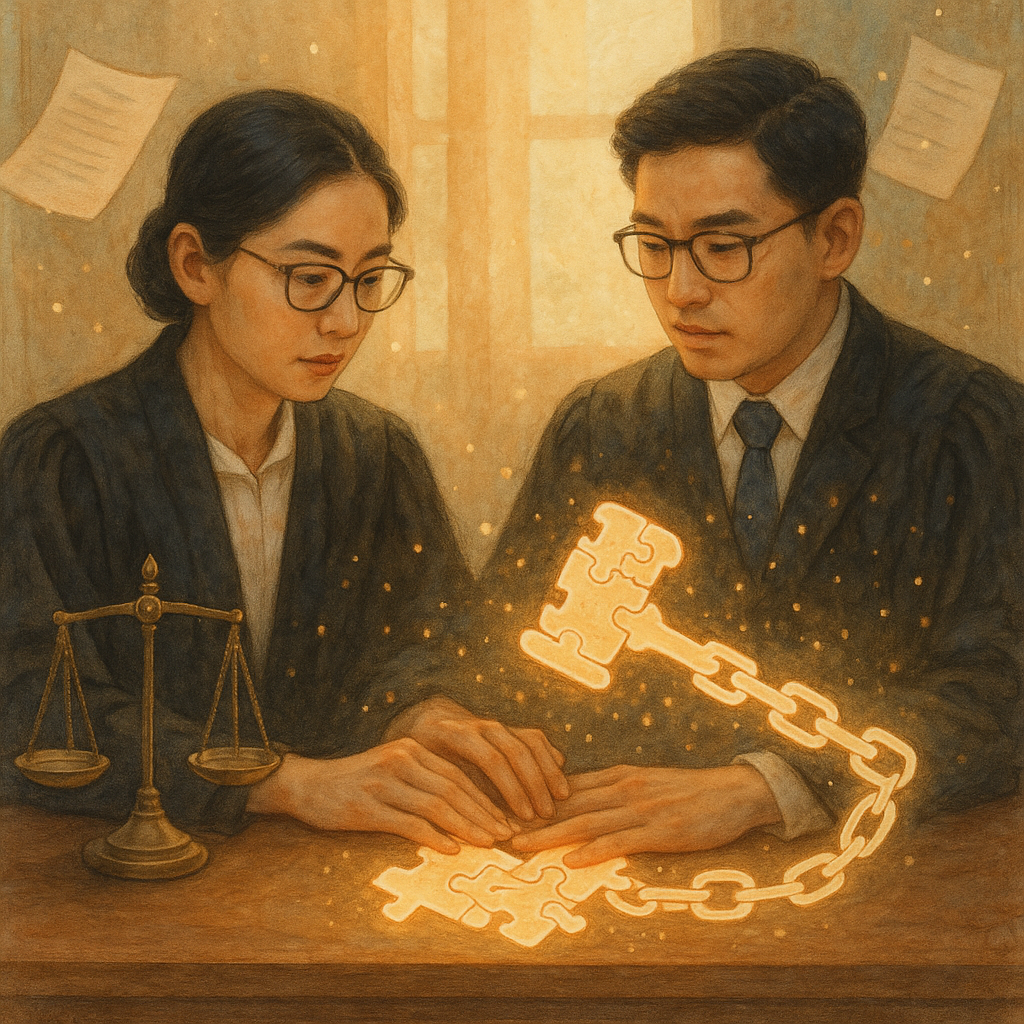 溫暖自然光下,兩位台灣律師在木桌前交流、表情專注,手邊天平與交錯手印化作發光拼圖,匯聚成法槌與鎖鏈,象徵共同正犯的共同控制;柔和色調與手繪質感,漂浮檔案與微光粒子營造奇幻敘事氛圍,無文字。