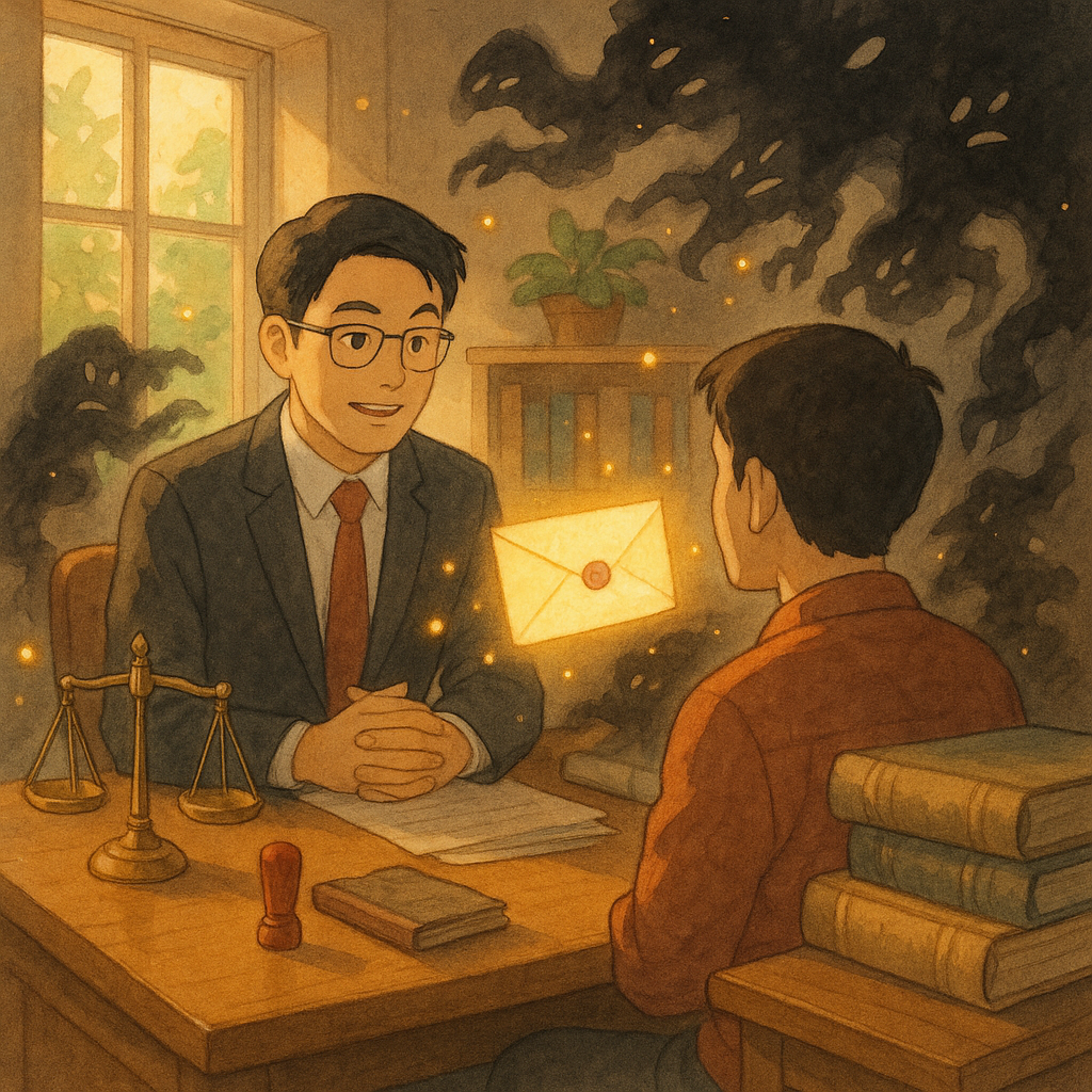吉卜力般柔色自然光、手繪質感的溫暖事務所裡,台灣人律師與委託人對坐;天平、印章、卷宗與發光信封環繞,化作漂浮光點驅散呢喃黑影,象徵毀謗諮詢流程與準備。