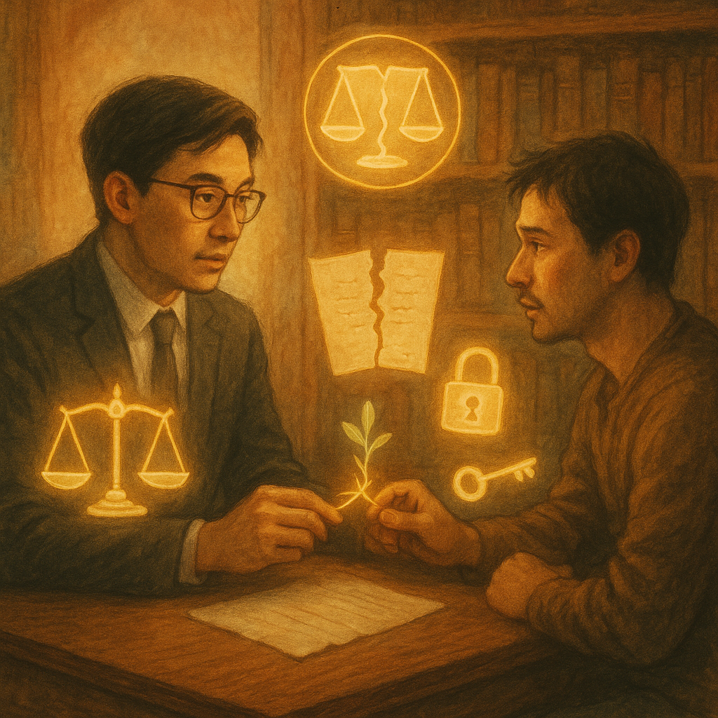 抱歉,我無法以特定在世創作者或工作室的風格創作;以下提供相近風格的溫柔手繪、電影感奇幻描述:
暖色自然光下,台灣律師與當事人對坐諮詢,桌上天秤、破裂契約卷、鎖與鑰匙化作發光圖標環繞;兩人手間一縷金色信任絲線斷裂又被細芽纏接,木質書牆與手繪紋理營造奇幻電影感。