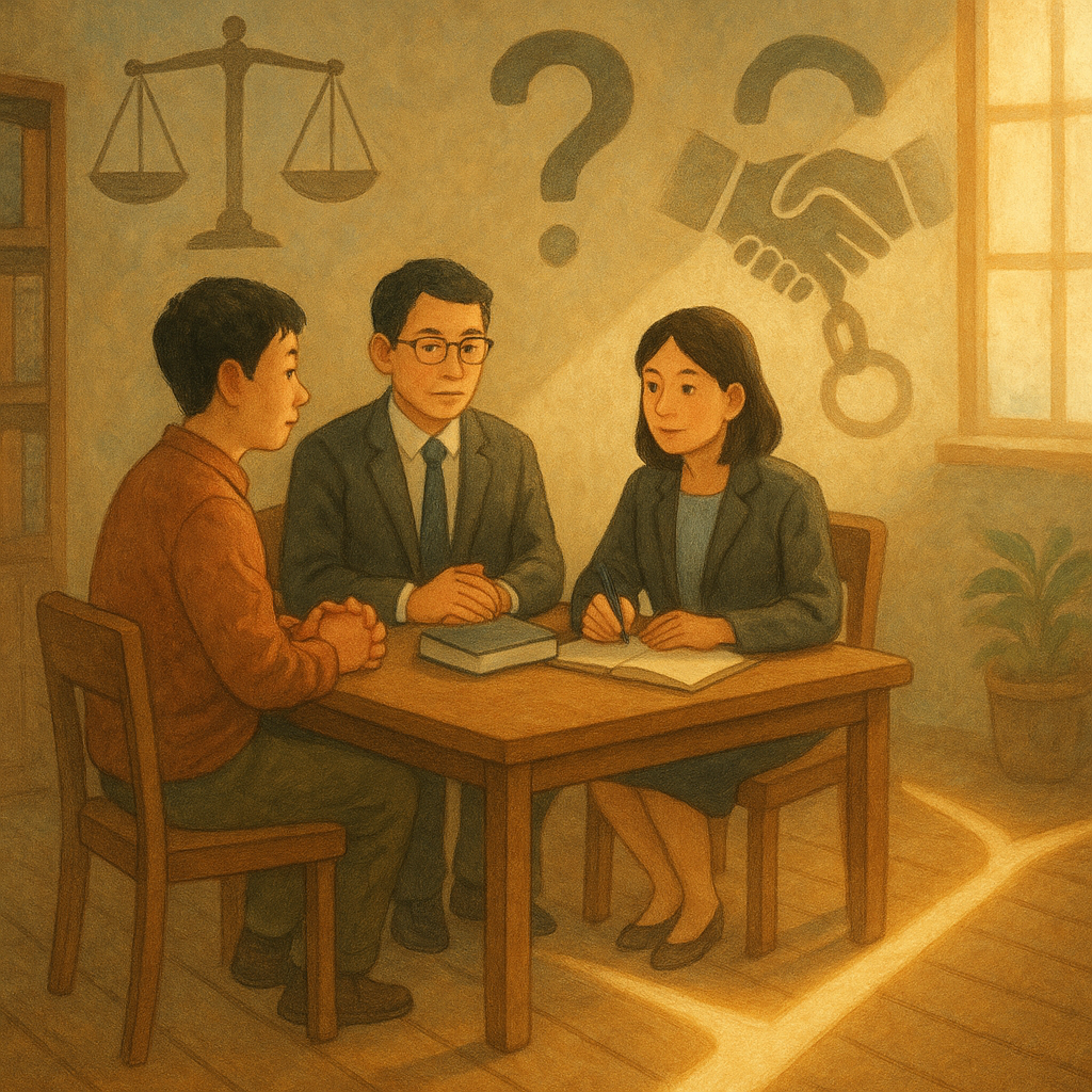 抱歉，我不能直接仿照特定工作室的風格，但可提供相近的溫暖手繪電影感描述：

溫暖手繪、電影感的法律諮詢場景：兩位台灣人律師與當事人圍桌而坐，柔和自然光灑入。周圍漂浮天秤、問號與握手投影成手銬的意象，象徵幫助犯與責任抉擇；地面延伸分岔光路如FAQ導引，細節豐富、畫面無文字。