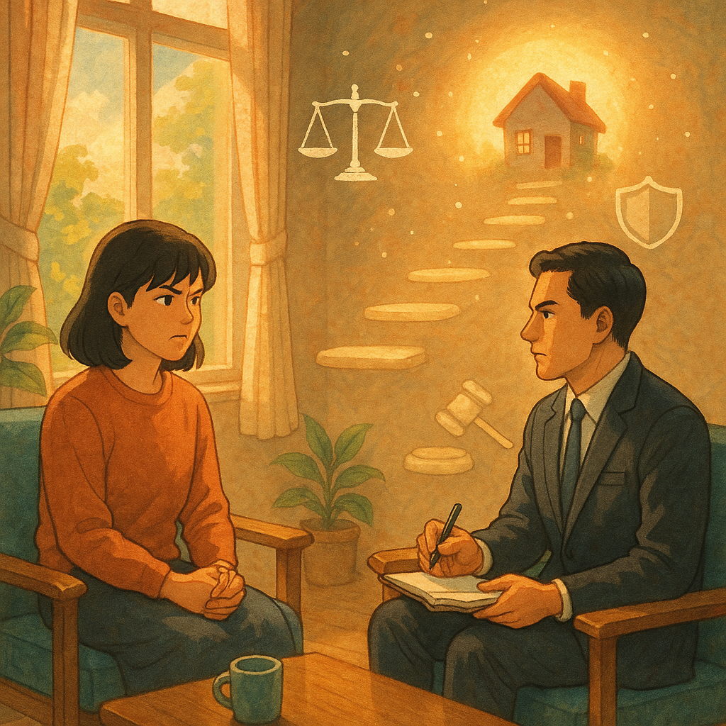 吉卜力風高畫質插畫:暖陽下的諮商室,一位台灣受暴者與專業律師對坐,表情堅定。四枚漂浮的光階通往被光暈包裹的安全小屋;旁有天平、盾牌、法槌與電話等手繪符號,柔和色調與自然光、細膩紋理,溫暖而魔幻。