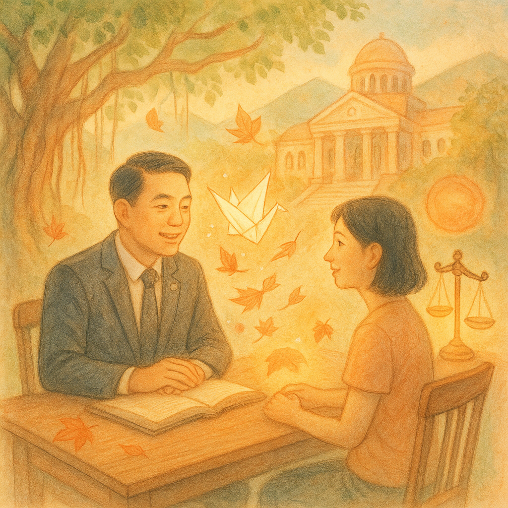 柔和晨光下、柔色調手繪質感,台灣人律師與民眾在木桌前溫和交流,卷宗化作發光紙鶴與楓葉旋飛,天平形燈籠微晃;遠處法院如山城迴廊,榕樹垂根環抱,圓形印章化作暖光落定,魔幻卻專業,無文字。