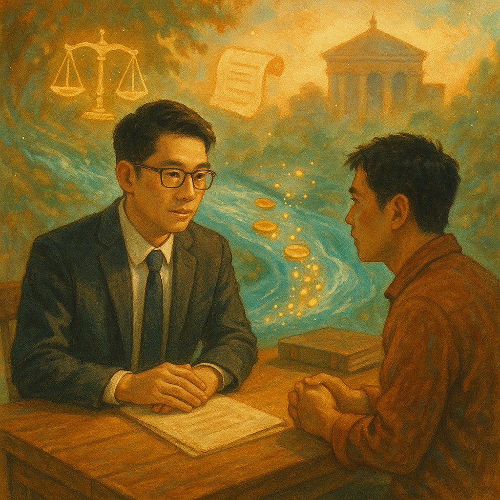 抱歉，我不能直接複製特定品牌或在世藝術家的風格，但可呈現溫暖手繪、電影感的奇幻動畫氛圍。

暖色自然光下，台灣律師與當事人於木桌諮商，神情專注，高解析度手繪質感。金幣在清澈水流中被洗滌化作光點，天平與卷宗化為漂浮符號，法院剪影朦朧，無字，奇幻而寫實。