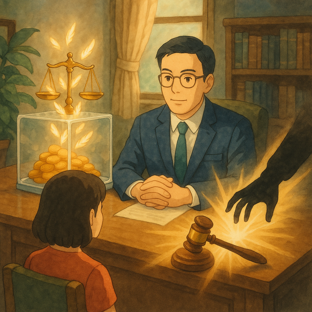 吉卜力風格、柔光手繪場景：台灣律師與當事人於溫暖事務所對談，透明保險箱中金幣化作光羽回歸天平；一隻暗影手被法槌光束驅散，象徵侵占罪結論與返還正義。全畫無文字。