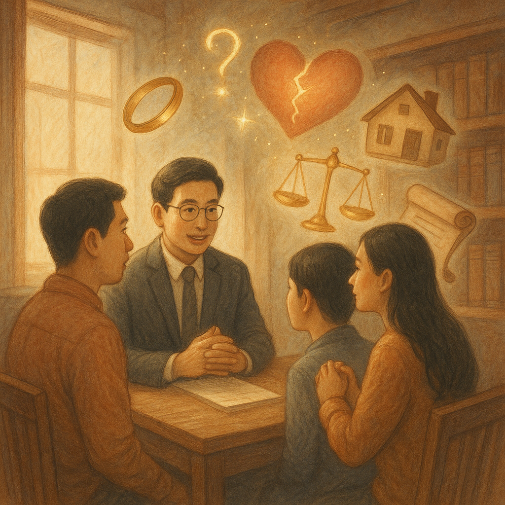 柔和自然光下，台灣律師在木質事務所與一對台灣夫婦諮詢；空中漂浮戒指、天秤、家屋與契約卷軸，裂痕心形被光線縫合，問號化作星火；手繪質感，溫暖奇幻、細膩寫實，無文字。