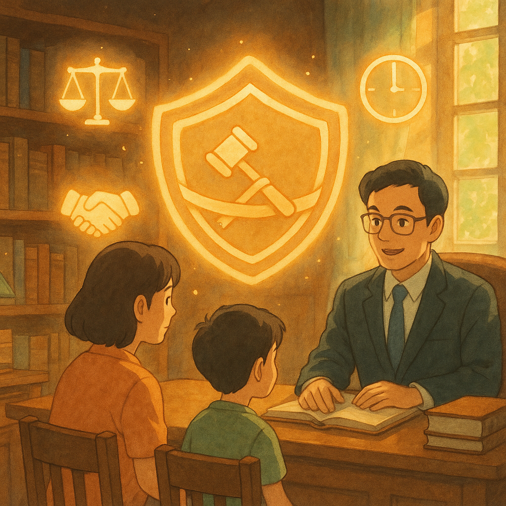 高解析度吉卜力風格、柔光手繪、溫暖魔幻；台灣家長與律師在木質書房諮詢，天光灑落。周圍五顆發光符號（天平、盾牌、時鐘、握手、卷宗）環繞，護盾擁抱綁帶與法槌，驅散陰影，無文字。