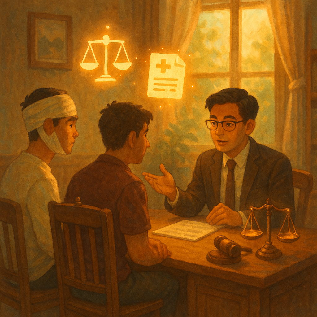 溫暖魔幻的手繪電影感動畫風，柔和自然光灑入木質事務所，台灣律師正為一名頭纏繃帶的青年與另一當事人諮商；桌上有天秤、木槌、醫療單據圖示與保險符號漂浮發光，象徵打架致傷求償與爭議焦點，畫面無文字。