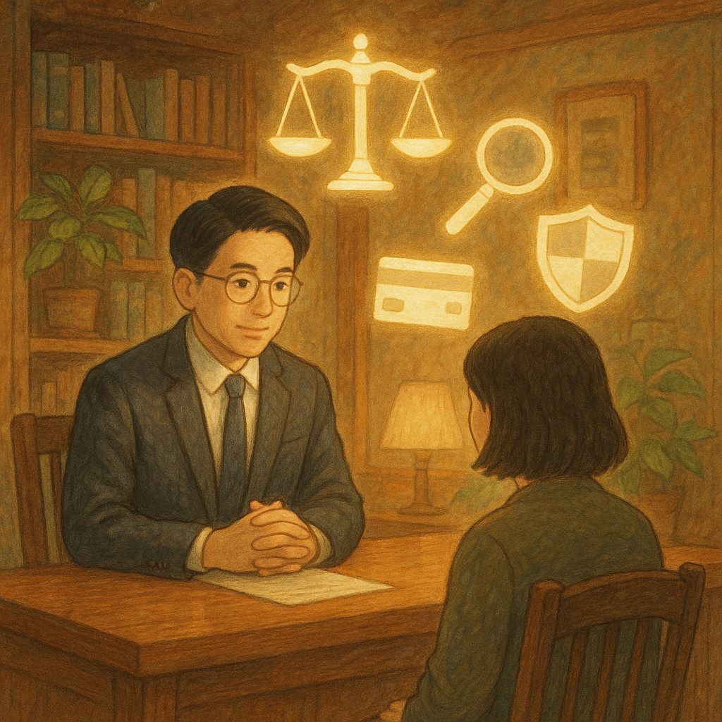 溫暖木質事務所中，台灣律師與民眾對坐諮詢；柔光中漂浮發光的天秤、放大鏡、盾牌、手機與信用卡圖像，象徵詐欺罪與常見疑問；手繪質感、吉卜力般奇幻自然氛圍，細節豐富且無文字。