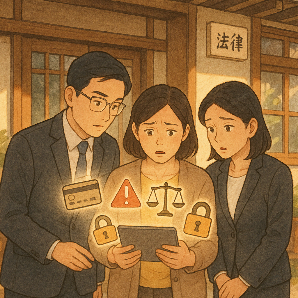 溫暖自然光下的手繪日式動畫風,表情細膩的兩位台灣律師與客戶在木質事務所前,查看發出柔光的平板,上浮銀行卡、三角驚嘆號、天秤與鎖頭等符號,寓意警示帳戶與法律諮詢。