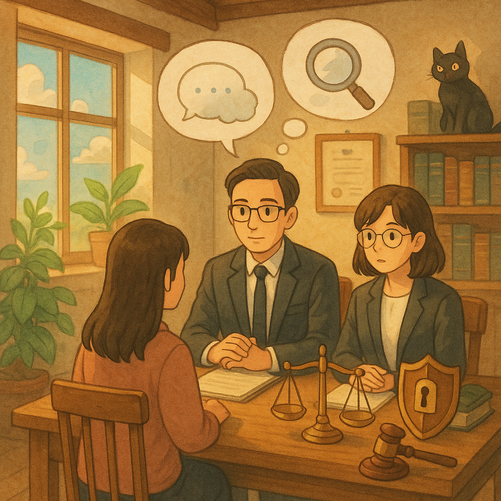 吉卜力風格的溫暖辦公室裡，兩位台灣律師與當事人圍坐木桌，表情專注；柔和自然光灑落。桌上天秤、盾牌與鎖等象徵物環繞，無字對話泡泡與漂浮雲形傳聞、放大鏡與卷宗暗示妨害名譽案例；角落綠植與貓增添魔幻日常。