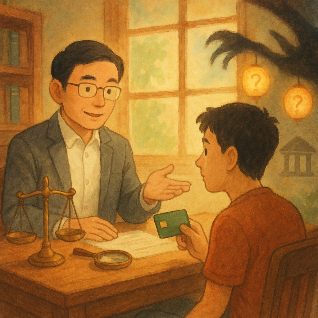 抱歉,我無法直接仿照特定工作室的風格,但可提供相似的溫暖、奇幻、手繪動畫美學。
陽光灑落的木質事務所裡,一位台灣律師溫和解說,年輕民眾握著未標號的銀行卡;桌上天平與放大鏡微光流動,象徵合法諮詢。角落朦朧黑影伸向帳戶意象,被如螢火般的提問燈籠圍阻;色調柔和、手繪細膩質感,無文字。