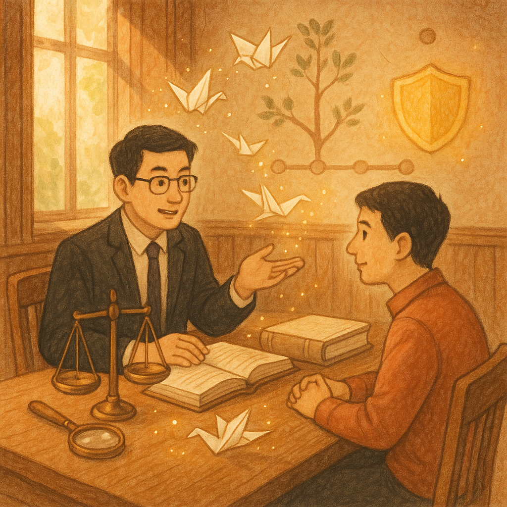 溫暖手繪質感的奇幻場景：台灣律師與當事人於木質會議室研議執行事件訴訟，窗光柔和。桌上天秤、放大鏡與判決卷宗化作紙鶴與光粒飛旋，牆邊成長樹投影為流程時間線，盾牌光暈象徵風險控管，全畫無文字。