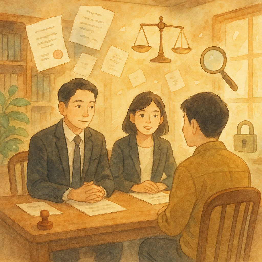 溫暖木質事務所內，兩位台灣人律師與當事人對坐，柔光灑入。周圍漂浮手繪紙張、印章與天平、放大鏡與鎖的圖像，象徵偽造文書檢視與法律諮詢；淡彩、吉卜力風、自然筆觸，魔幻卻真實，無文字。