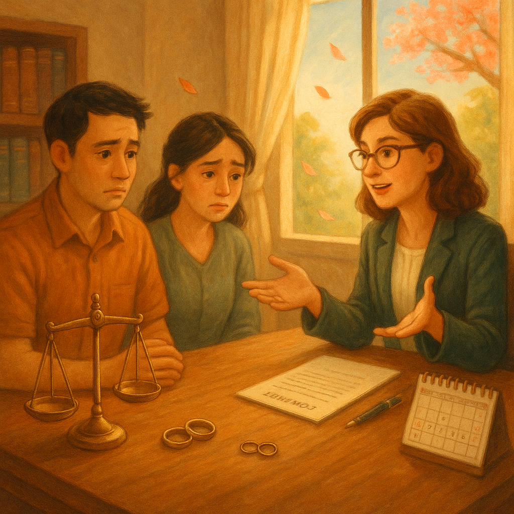 溫暖魔幻的手繪電影感高解析插畫場景：台灣夫妻在柔光律所與專業女律師諮詢，桌上有天秤、分離戒指、合約與日曆。窗外微風與飄落花瓣象徵選擇與新生。自然光與柔和色彩，人物表情豐富，手繪質感、無文字。