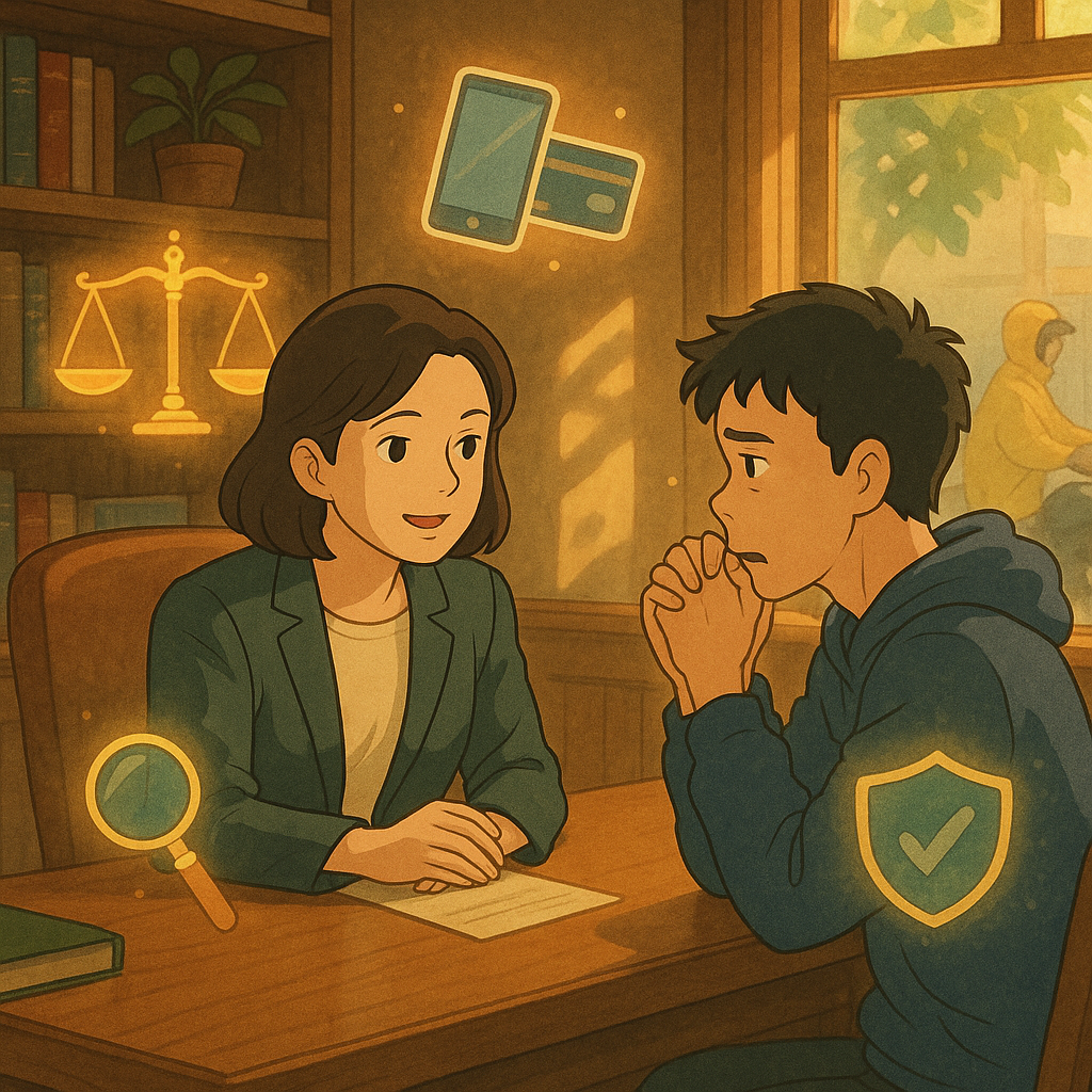 溫暖自然光的吉卜力風格插畫:台灣女律師在木質事務所溫柔諮詢一位焦慮的台灣年輕人,周圍漂浮手繪光影圖標—天秤、手機與銀行卡、放大鏡與盾牌;角落有穿雨衣的模糊車手剪影與摩托車。無文字、高解析。