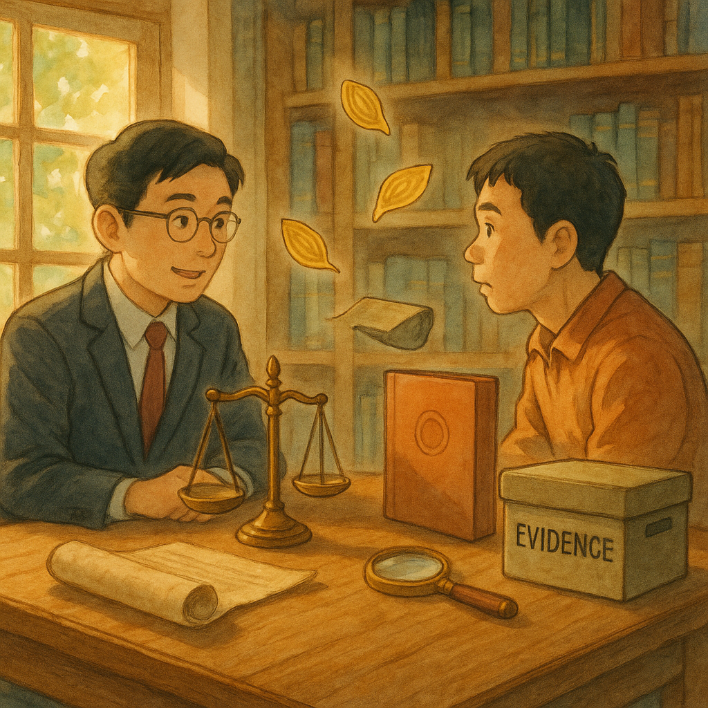 溫暖自然光下,台灣人律師與當事人於木質書房對坐,桌上天秤、契約卷軸與放大鏡環繞;金幣化作葉片在空中旋轉,指向資料夾與證據盒,象徵侵占罪案例梳理。吉卜力風,高解析、柔色、手繪質感,畫面無文字。