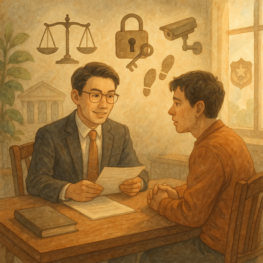 溫暖奇幻手繪場景中，台灣律師與當事人在木桌洽談、表情細膩，柔和色調與自然光灑入。桌旁浮現天秤、鎖與鑰匙、監視器與足跡等符號，遠處法院與警徽若隱若現，象徵竊盜結論與實務建議。