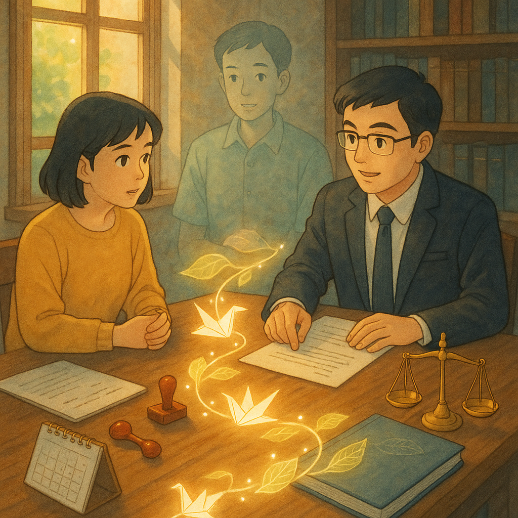 吉卜力式柔光下，三位台灣人於木質會議桌諮詢：律師與當事人對坐，旁有半透明第三者溫和聆聽。桌面文件、印章、日曆、天秤與夾冊化作發光紙鶴與葉脈，沿曲徑指引實務流程；自然光與手繪紋理營造溫暖電影感，無文字。