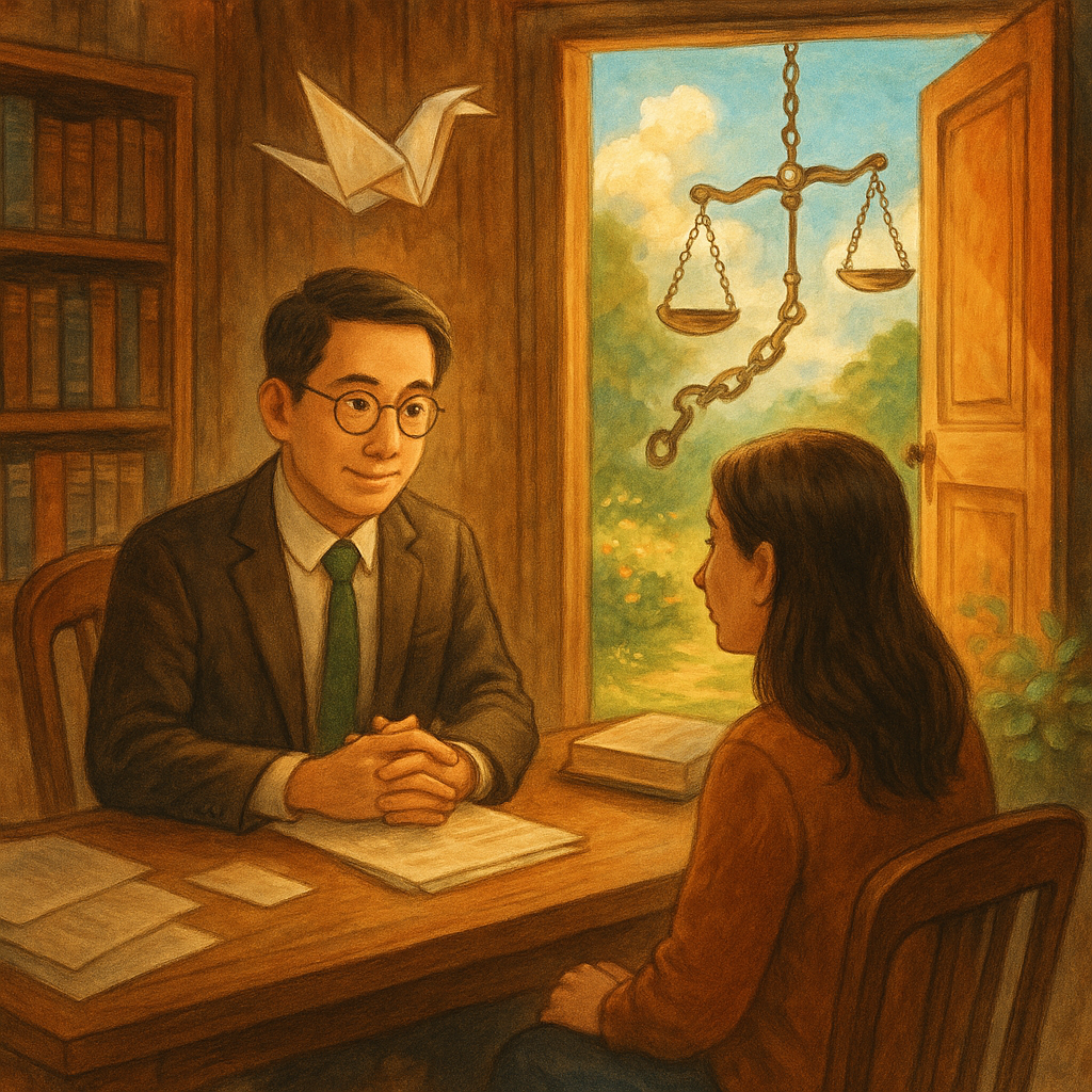 抱歉，我無法直接仿製特定工作室的風格，但可提供相近的溫暖手繪奇幻風描述：
柔光灑入木質事務所，台灣律師與當事人溫和對談；紙鶴化作解開的鎖鏈與天秤，敞門通往自由花園，手繪質感、電影感奇幻氛圍，畫面無文字。