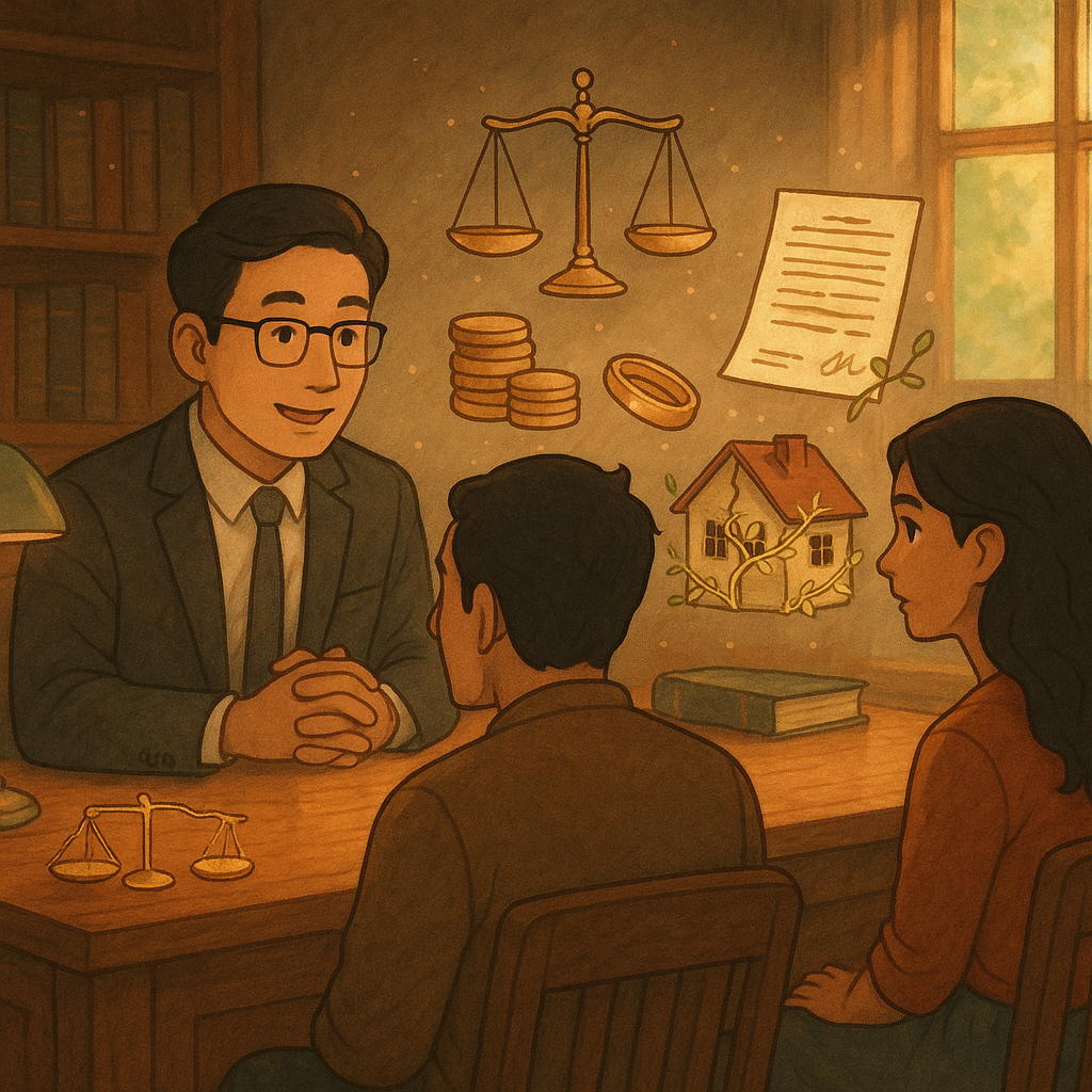 抱歉，我無法直接以特定工作室的風格創作。不過我可以提供一段具有溫暖、奇幻、電影感的手繪動畫風格圖片描述：

木質溫暖的律師事務所內，台灣律師與一對夫妻諮詢；桌上浮現天平、金幣、合約、戒指與破裂卻被金色藤蔓縫合的小房子；柔和色調與自然光灑入，微塵與光粒飄動，手繪質感、溫馨奇幻，畫面無文字。