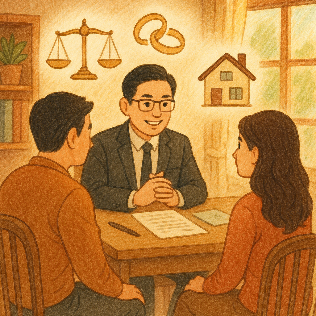 溫暖手繪風：台灣律師在木質陽光辦公室與一對台灣夫妻諮詢，桌畔漂浮天平、分合戒指、文件與家屋圖示，柔光自然、人物表情豐富、細膩紋理，畫面無文字，寓意離婚常見問題與指引。