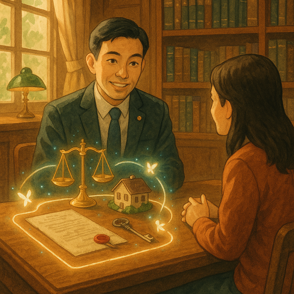 溫暖木質書房中,台灣律師與民眾對談;柔光灑入,吉卜力式手繪質感與電影感構圖。桌上漂浮象徵所有權的天平、房屋模型、封蠟地契、鑰匙與發光邊界線,化作精靈環繞,傳遞常見問題的親切與魔幻。