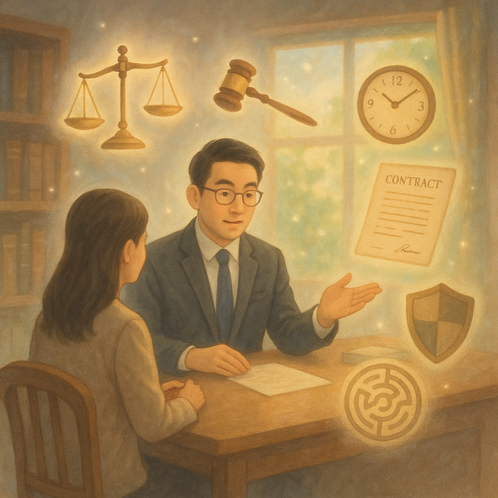 抱歉,我無法直接模仿特定工作室風格;以下為相近氣質的圖像描述:
柔光手繪場景中,台灣律師在木質書桌前諮詢,輕盈魔幻氛圍裡漂浮天秤、法槌、契約與時鐘、盾牌與路徑迷宮,象徵執行事件訴訟的爭點與風險控管,窗外自然光溫暖流淌。