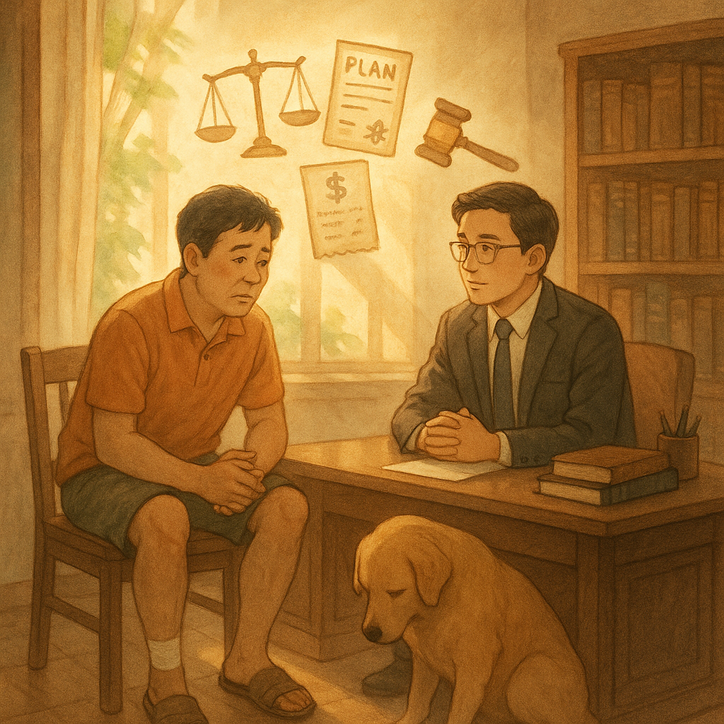 溫暖自然光、吉卜力式電影感下，台灣律師與受咬傷民眾在木質事務所諮詢，腳踝貼紗布；旁邊溫馴犬低頭。天光中漂浮天秤、保單、醫療發票與法槌圖標，柔和手繪質感，奇幻又寫實，無文字。