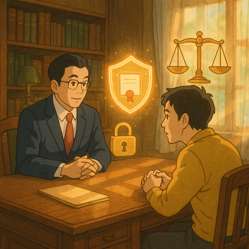 吉卜力風格溫暖場景：台灣律師與當事人於木質書房低語，陽光灑落。漂浮的鎖、天秤與發光盾形環繞密封文件，半透明幕簾隔絕窺視，展現妨害秘密與諮詢情境。柔和色調與手繪質感、自然光影營造魔幻卻專業的氛圍。