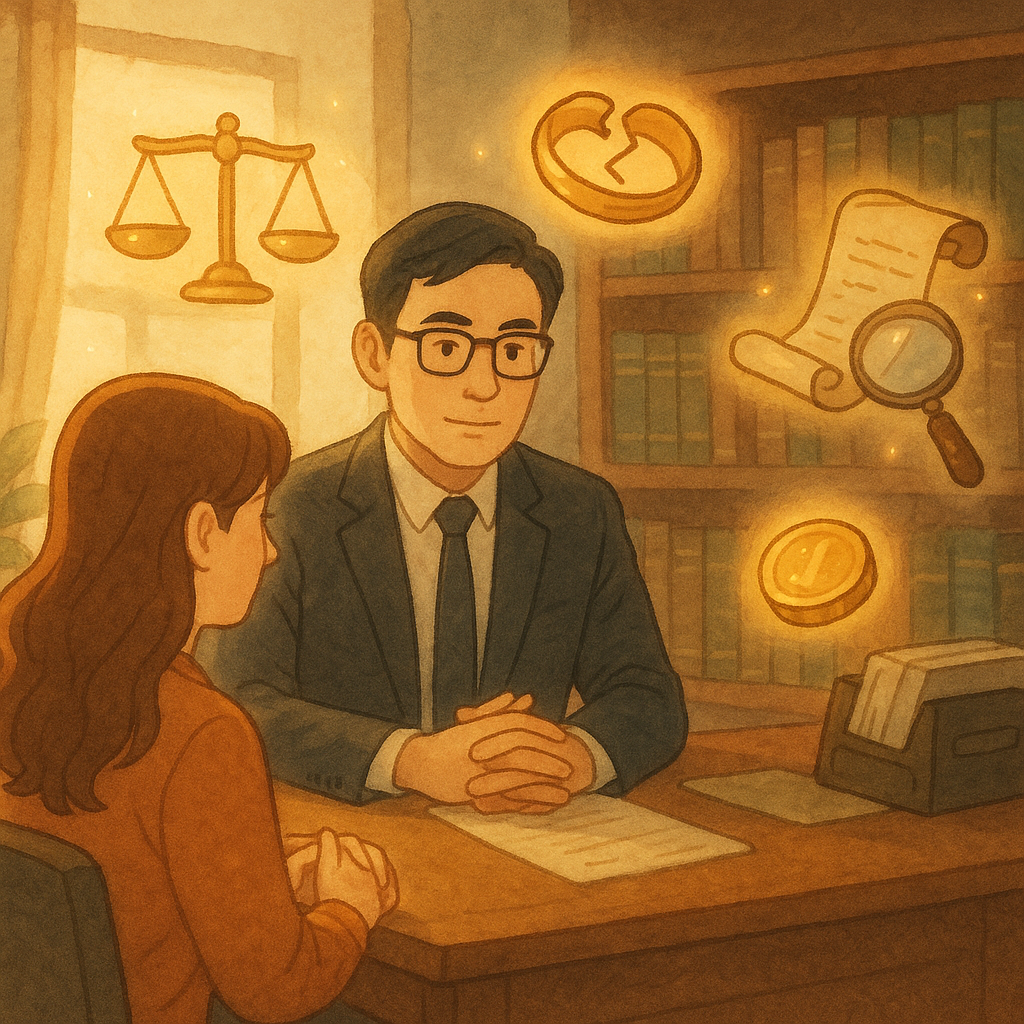 抱歉,我無法直接以特定創作者的風格呈現;以下提供相近的溫暖手繪動畫風描述:
溫暖自然光下的手繪事務所,台灣律師與當事人沉穩對談;周圍漂浮發光的天秤、破裂婚戒、合約卷軸與放大鏡、金色硬幣,柔和色彩與細膩筆觸營造奇幻而專業的外遇求償諮詢氛圍。